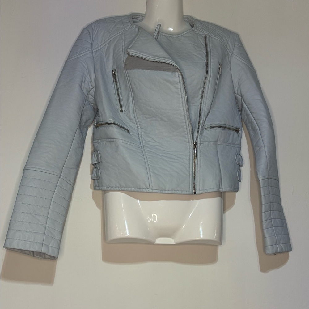 Blue Leather Motorcycle Jacket with Asymmetrical Zipper NWOT